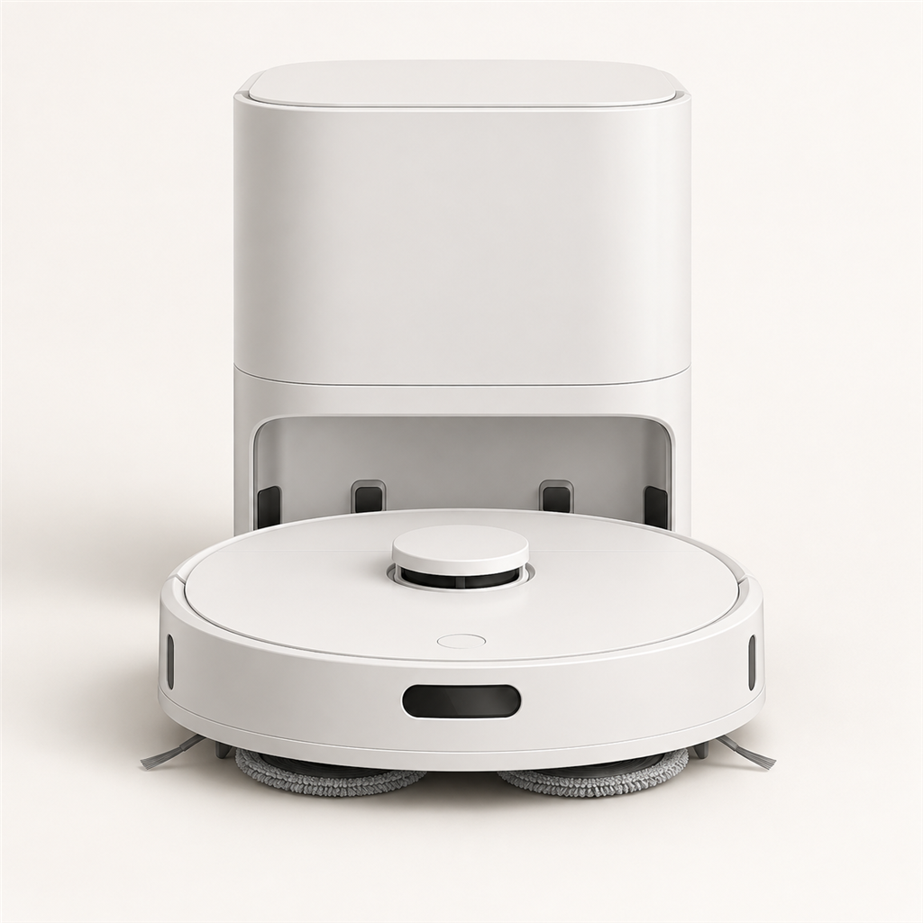 Generic robot vacuum and maintenance dock concept render.